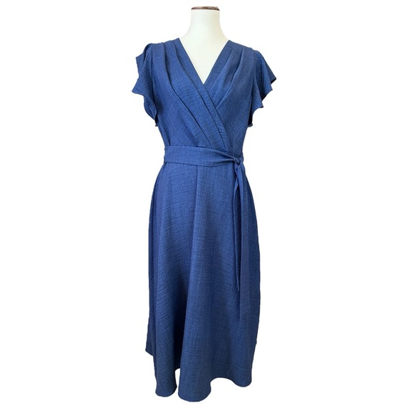 DKNY Womens 8 Midi Dress Blue Pleated V-Neckline Flutter Sleeves Office Party - Picture 1 of 9